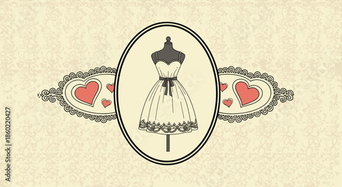 Vintage-style illustration of a white dress on a mannequin inside an oval frame with decorative hearts on a patterned background.
