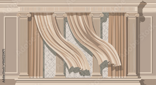 Classical interior scene featuring elegant beige curtains draped between ornate ionic columns in a neutral-toned room.