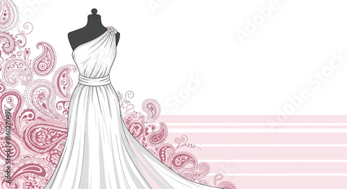 Elegant one-shoulder white gown on a mannequin with a decorative pink paisley pattern background and striped details.