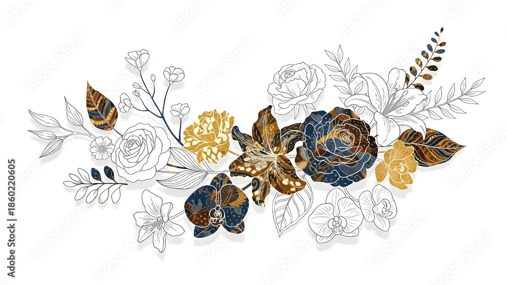 Obraz premium Elegant floral arrangement with gold and blue flowers
