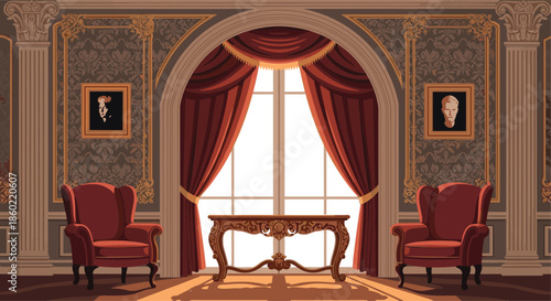 Opulent palace interior with red velvet armchairs, a gilded table, and rich red curtains framing a bright window view.