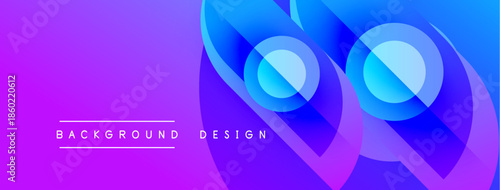 Abstract purple, blue gradients form dynamic overlapping shapes. Modern design elements suggest fluidity, innovation, technology.