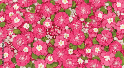 Dense background pattern filled with vibrant pink flowers and small white blossoms with green leaves for floral designs.