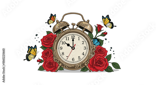 Vintage alarm clock nestled among a bouquet of red roses and fluttering colorful butterflies on a white background.