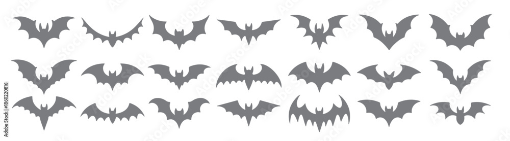 Fototapeta premium collection of gray bat silhouettes various sizes and shapes