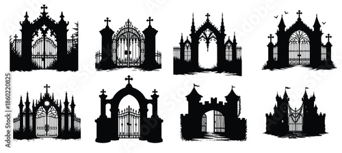 Collection of gothic cemetery gates and castle entrances