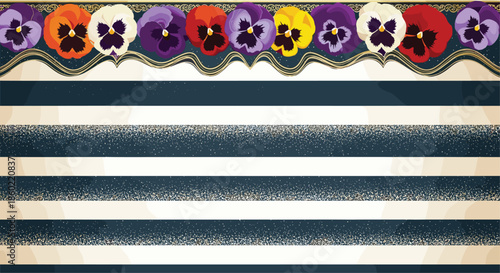Vibrant border of colorful pansy flowers in purple, yellow, and orange on a blue and white striped background.