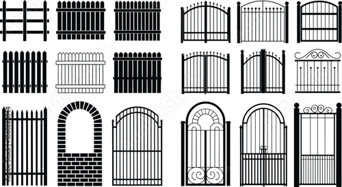 Black wrought iron gates and wooden fences vector set isolated, decorative garden fence and entrance gate silhouettes collection