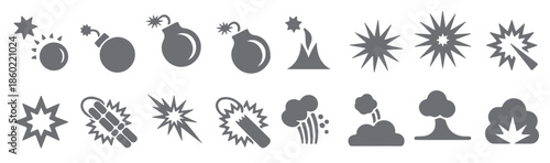 grey silhouette icons set explosions bombs fireworks