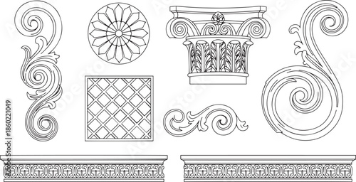 Black and white collection of classical architectural ornaments and decorative scroll flourishes vintage