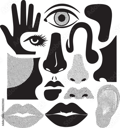 Abstract Black And White Collage Of Facial And Hand facial hand