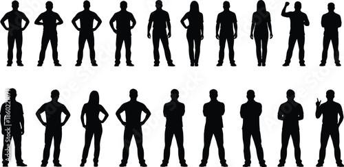 Business people silhouettes set showing men and women standing confident poses, teamwork leadership corporate characters isolated white background illustration concept
