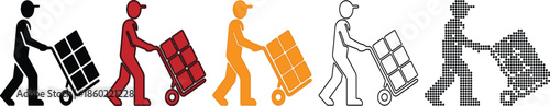 different colored workers pushing hand trucks with boxes