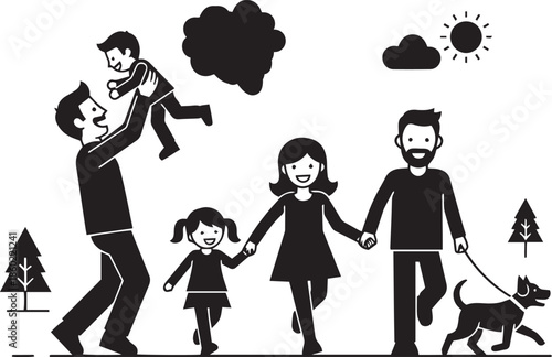 Black and white of a happy family walking a dog with trees and sun father mother daughter