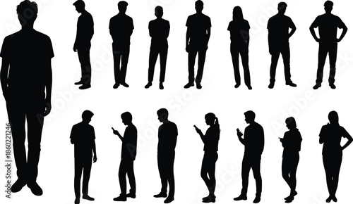 Human silhouettes collection showing men and women standing, walking, using smartphone poses, modern people set isolated white background illustration concept