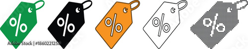 Discount tags with percentage symbols in different colors and patterns