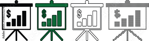Various presentation boards with bar charts and dollar signs on easels
