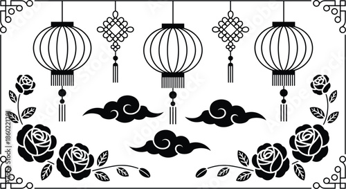 Chinese lantern and floral decorative border illustration with clouds and knot ornaments in elegant black line art style