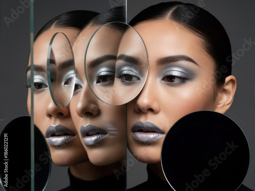 Fashion model face repeated through curved glass elements, mirror composition feels surreal, mirror styling connects beauty and psychology, mirror visuals suit art projects and modern branding