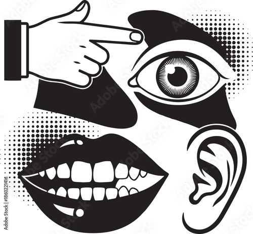Black and white of a pointing finger eye mouth and ear with halftone dots hand
