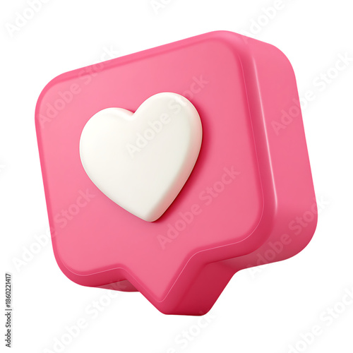 3d pink speech bubble with white heart isolated on transparent background