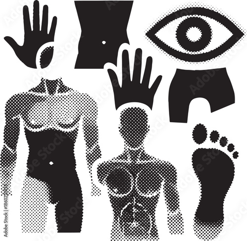 Black and white of human body parts and eye hand foot