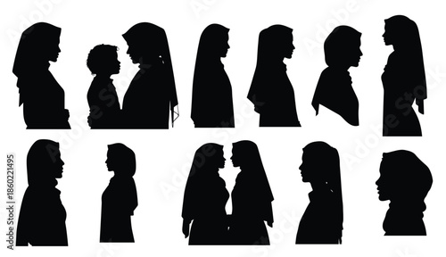 Multiple silhouettes of women wearing headscarves and a child