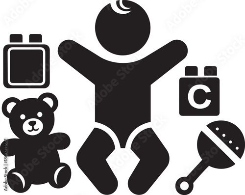 Black silhouette baby with toys teddy bear building blocks and rattle infant child