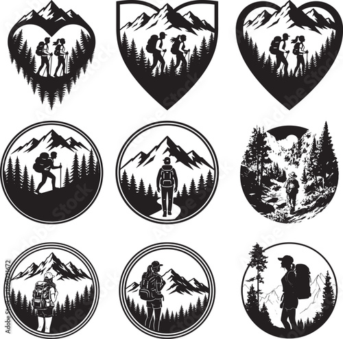 set of hiking adventure badges features mountains and hikers.