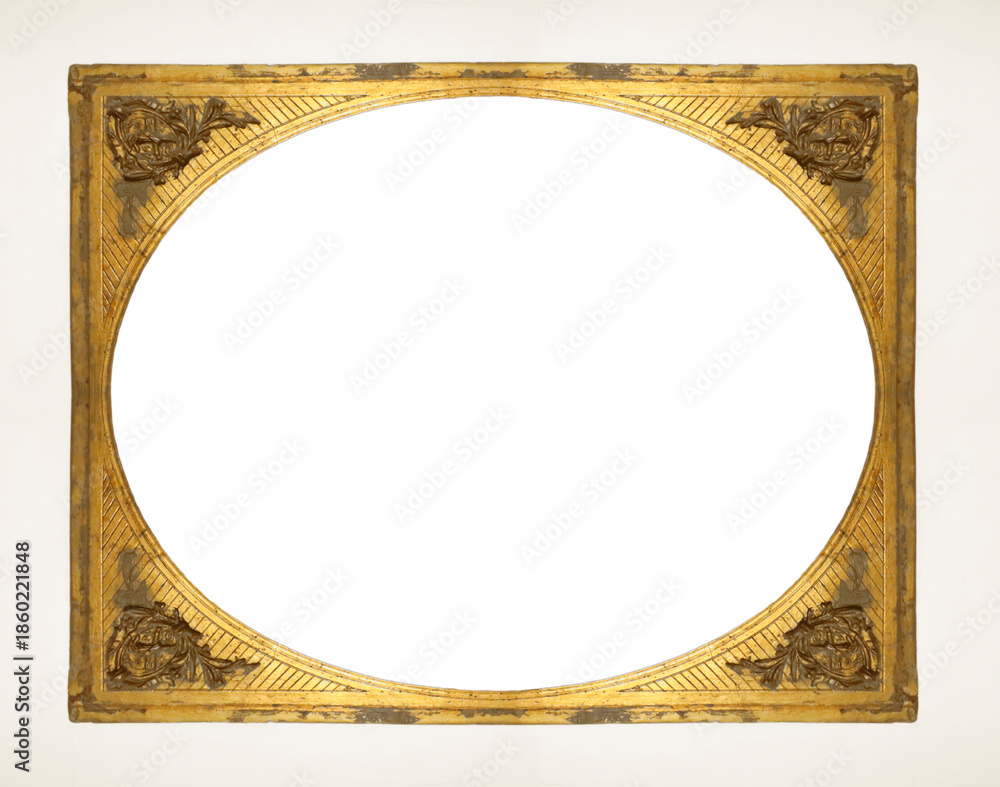 Fotografie Mockup one black oval blank space in classic gold wooden square style frame hanging isolated on white grey luxury background