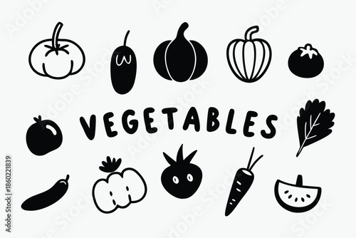 Hand Drawn Vegetable Icons Set, Black and White Doodles for Healthy Food Design