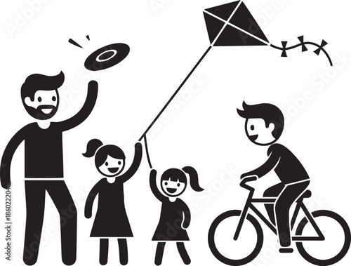 Black silhouette family flying kite riding bicycle and playing frisbee father children daughters