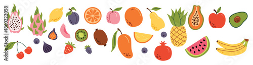 set hand drawn colorful fruits and berries modern abstract