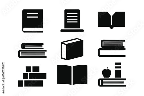 Set of solid black book icons for education, library, and back to school concepts