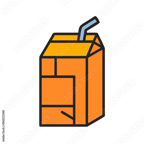 Orange juice box with straw in minimalist illustration style  