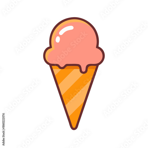 Illustration of pink ice cream cone with striped wafer base  