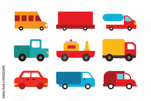 Set of colorful flat transport icons for logistics, delivery, and city traffic