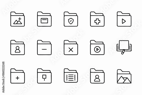 Minimalist folder icon set, outline vector symbols for file management, multimedia, and data organization