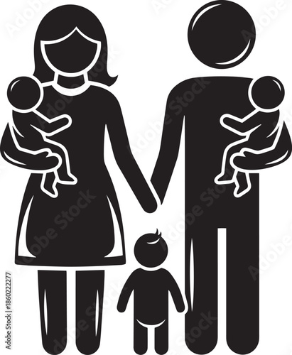 Black silhouette family with two babies and one toddler holding hands white parents