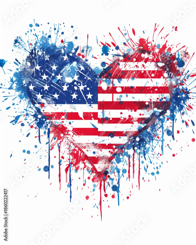 Heart shaped american flag with dripping paint splashes red white blue stars and stripes patriotic love symbol for usa independence day memorial day veterans day military support and national pride