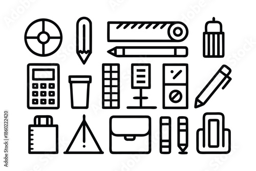 Minimalist Stationery Icon Set Featuring School Supplies and Office Equipment Line Art