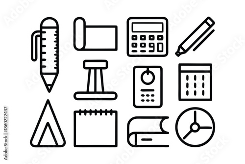 Minimalist Stationery and Office Supply Line Icon Set - Back to School and Business Workspace Vector Elements