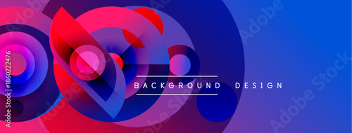 Abstract colorful background. Overlapping circles create dynamic visual effect. Gradient shades of pink, purple, blue dominate composition. Modern design element.