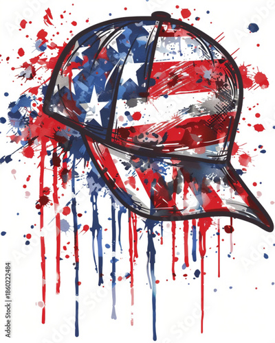 Patriotic baseball cap with american flag stars and stripes paint splatter dripping. red white blue distressed headwear graphic for usa independence day memorial day veterans day and fourth of july