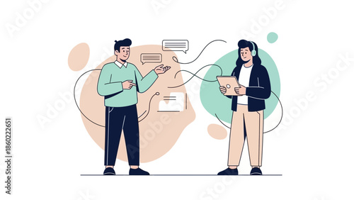 Illustration of a man and woman communicating using digital devices and headphones in a modern