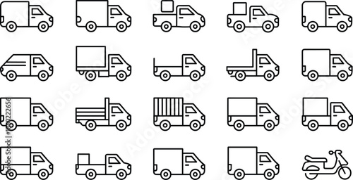 Delivery vehicle line icon set showing trucks vans pickup transport symbols isolated on white background vector illustration collection