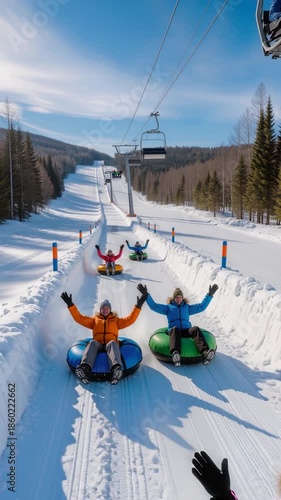 Winter tubing adventure with a diverse group of people sliding downhill on colorful tubes amidst a scenic snowy landscape under a clear sky. Video made using Generative AI.