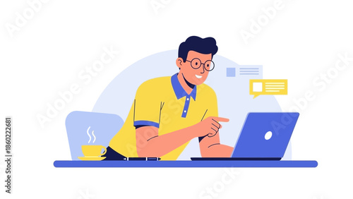 Young man working on a laptop with a cup of coffee and chat messages in a modern workspace