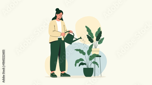 Modern Illustration of a Woman Watering Potted Plants Indoors with Minimalist Design