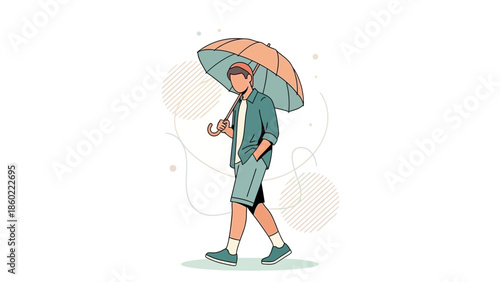 Young man walking with umbrella and phone in casual clothing on a white background